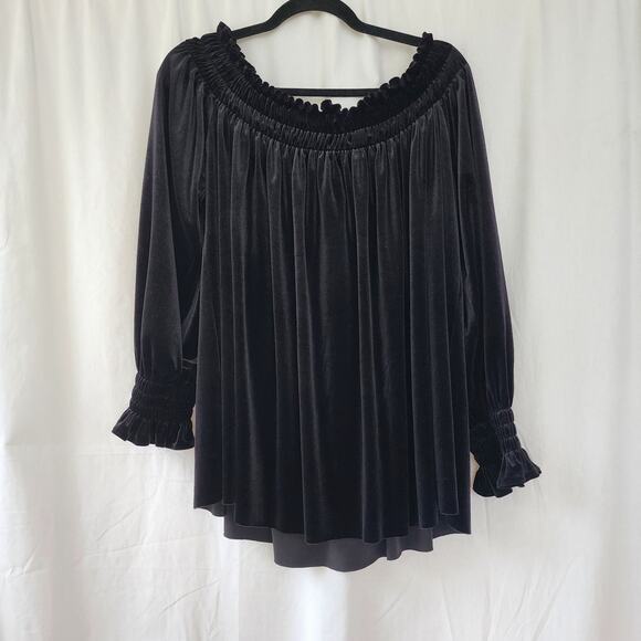 Norma Kamali Velvet Off-Shoulder Peasant Top, S Black slouchy oversized tunic - Picture 2 of 10